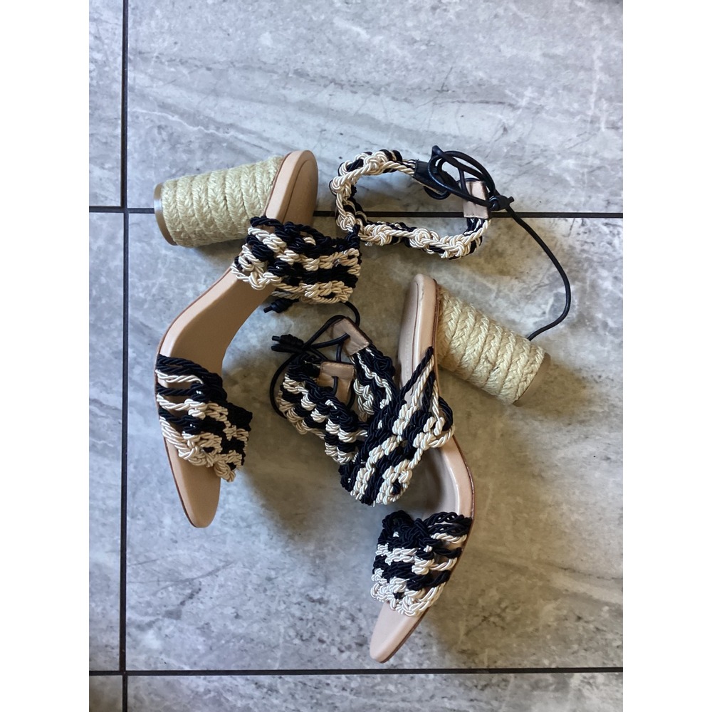 Ulla Johnson Black Cream Braided Rope Lace Up Espadrille Block Heel Sandals 36